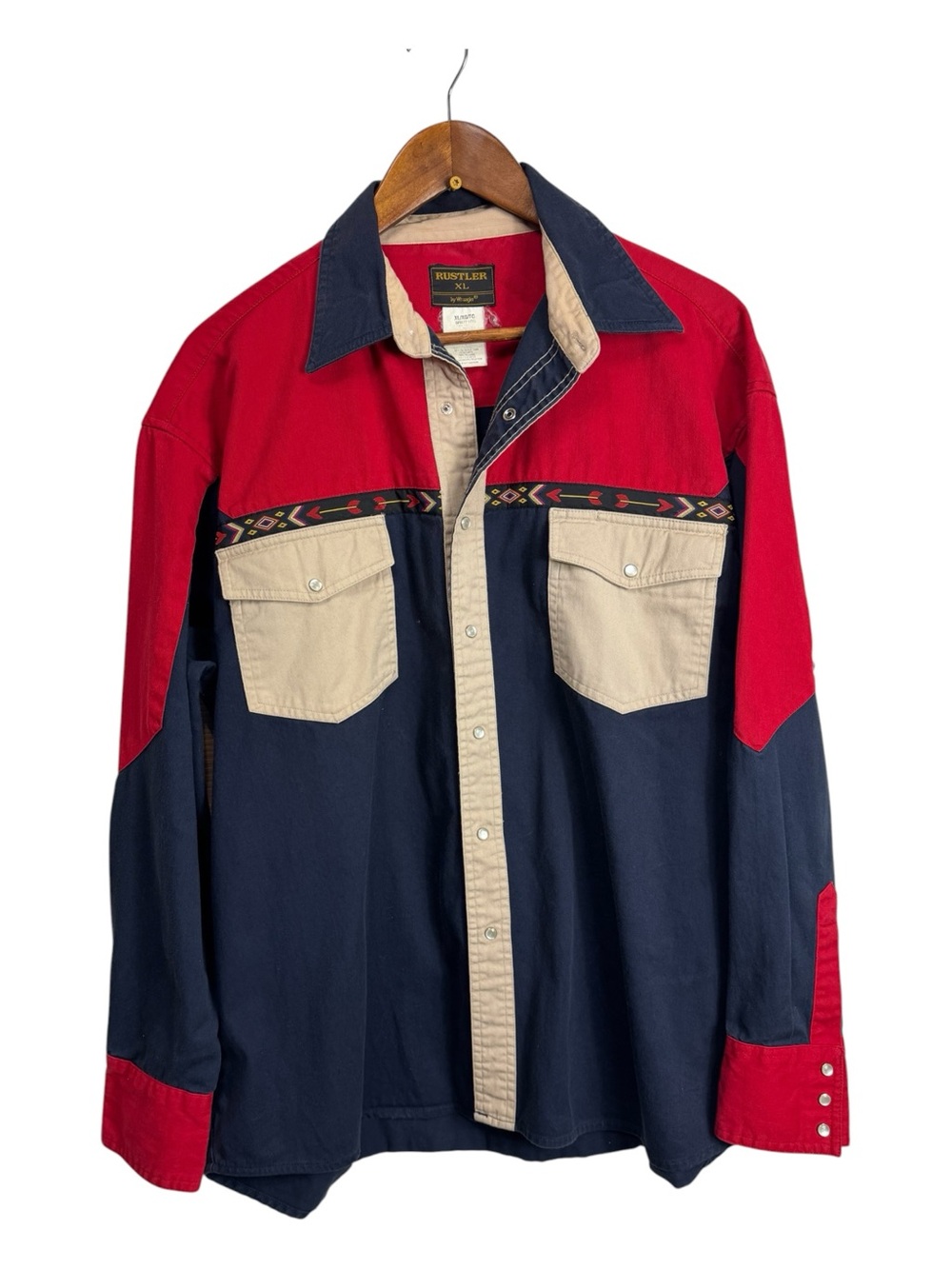 Vintage Rustler Men's Pearl Snap Button XL Long Sleeve Navy Red Tan Western